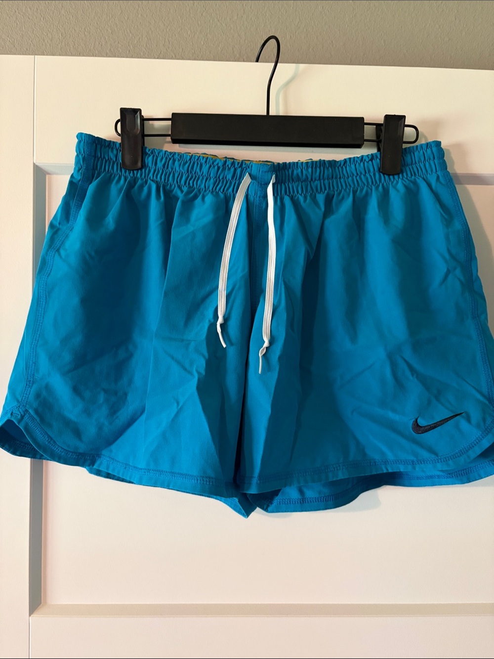 Nike Teal/Blue Running Shorts with yellow built in shorts and  Drawstring